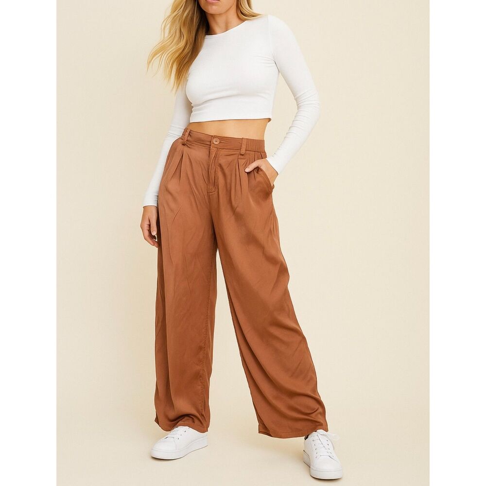 Aerie copper satin wide leg trouser pants with pockets size small